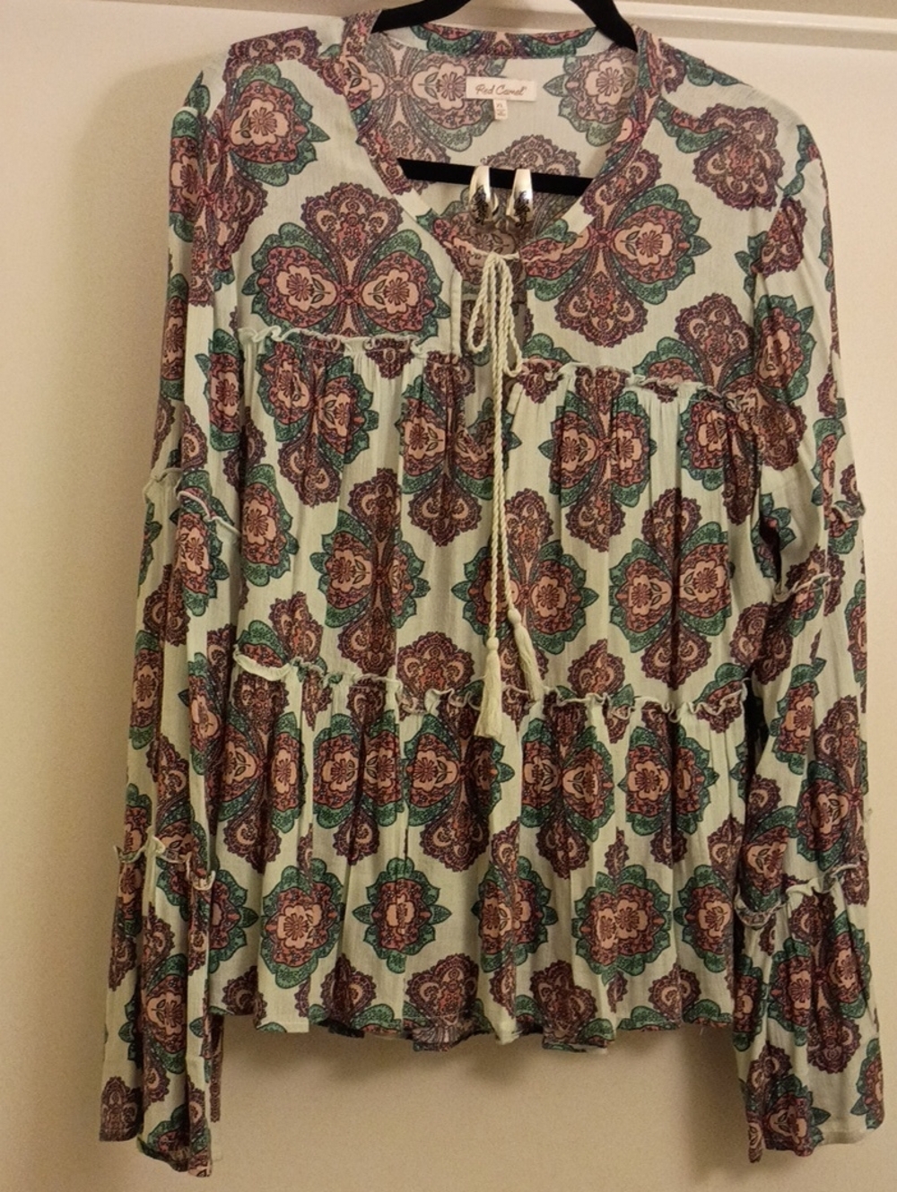 Red Camel Mint and Pink Rose  Paisley Tie-Front Tunic With Silver Hoop Earrings